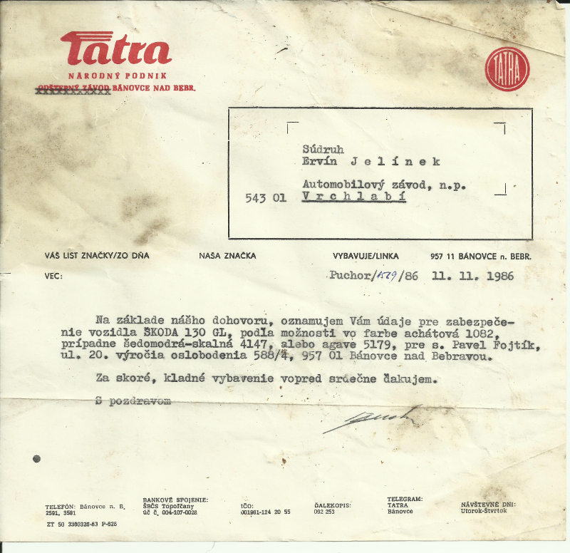 List z Tatry Bánovce nad Bebravou do Škody Vrchlabí 1986
